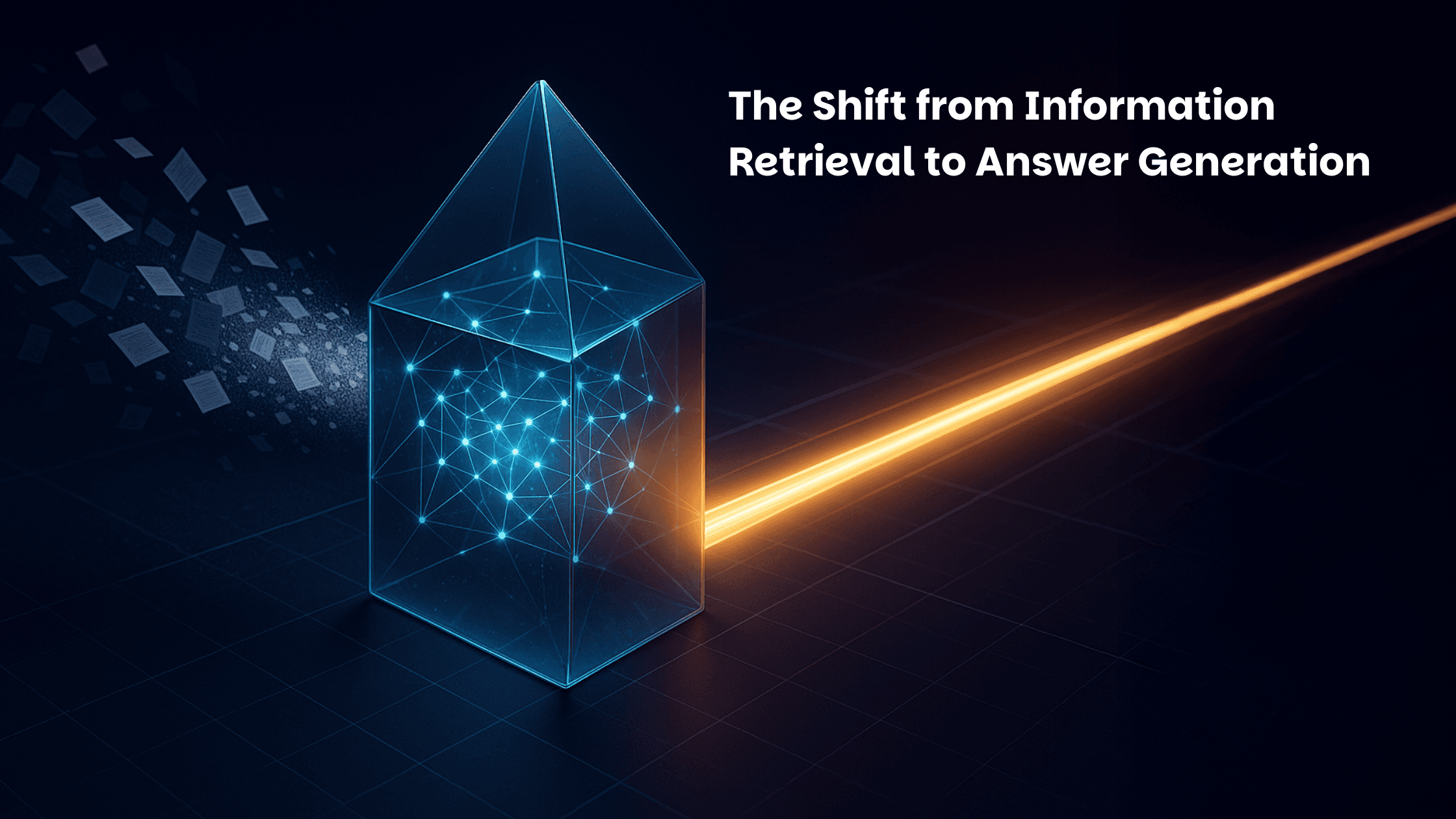 A 3D illustration representing Generative Engine Optimization (GEO), showing a glowing AI neural network filtering chaotic web pages into a single, clean beam of information.